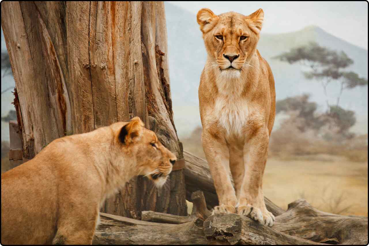 A duo of lions enjoying a peaceful moment on a grass field during the day.